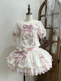 Beige & Pink Low Waist Dollcore Lolita OP Dress with Cat Print & Ribbon - Mirror Ragdoll | CoyBunny