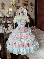 Blue Cherry Cake Print Sweet Lolita Dress with Bow Details - Strawberry Fantasy | CoyBunny