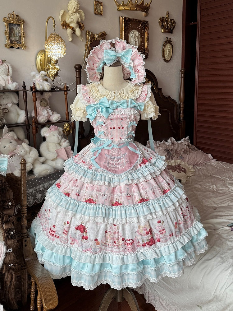Blue Cherry Cake Print Sweet Lolita Dress with Bow Details - Strawberry Fantasy | CoyBunny