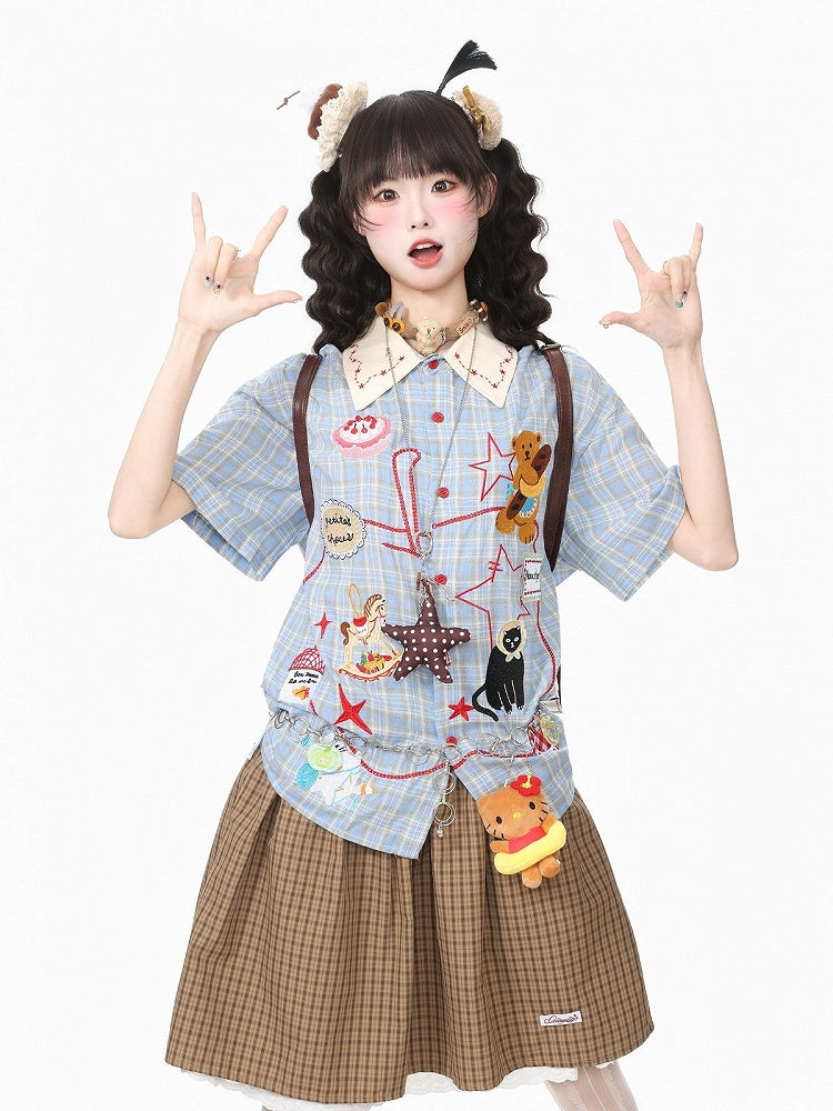 Daily Kawaii Blue Plaid Shirt with Animal Embroidery - Languid Park | CoyBunny