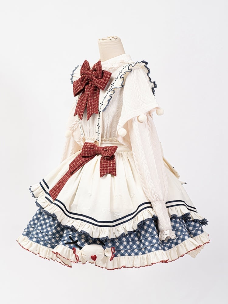 White Long-Sleeve Knitted Top Apron Blue Plaid Print Skirt Sweet Lolita Full Set | CoyBunny