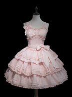 Light Pink Layered Ruffle Boned Lolita JSK Dress with Flower Accents | Meng Fu Zi | CoyBunny