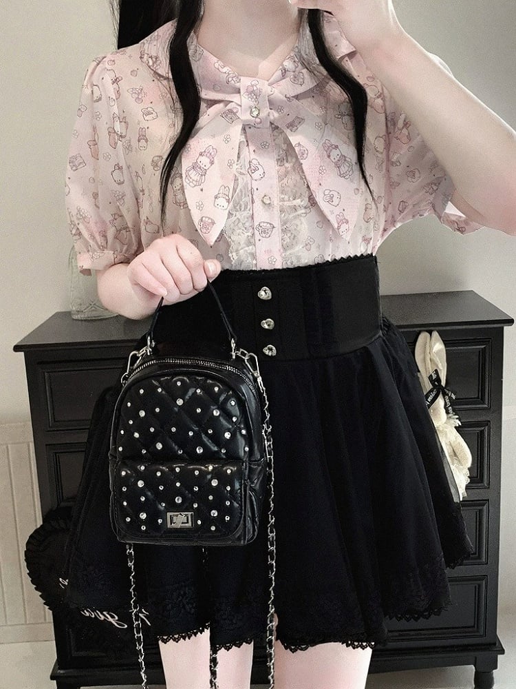 Bunny Ear Bow Collar Blouse, Short Sleeve, Pink & White Print - Kitty Bxllet | CoyBunny