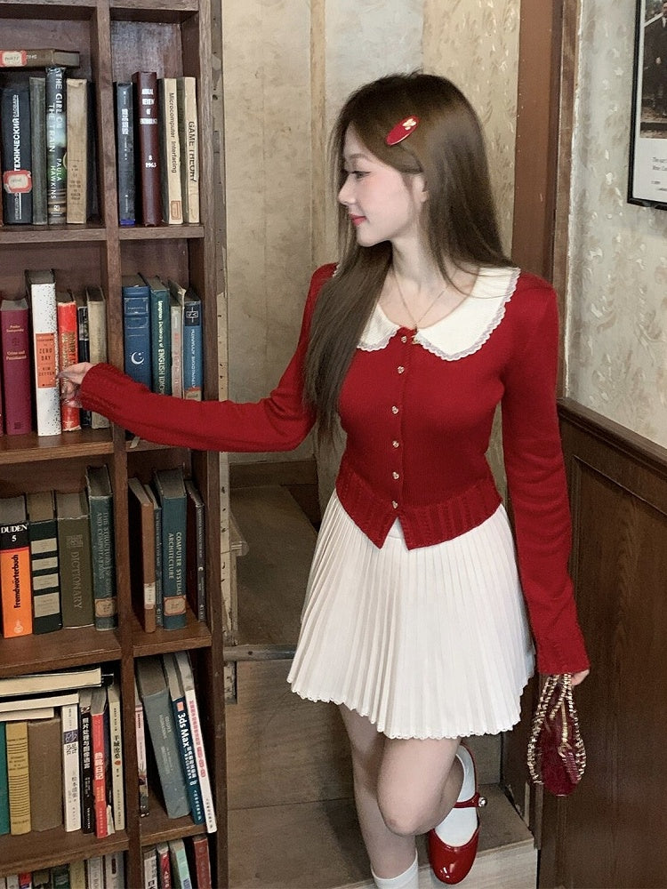 Red Knit Peter Pan Collar Cardigan with Lace - Qchiwawameme | CoyBunny