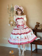 Pink Cherry Cake Print Sweet Lolita Dress with Layered Ruffles - Strawberry Fantasy | CoyBunny