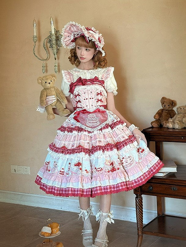 Pink Cherry Cake Print Sweet Lolita Dress with Layered Ruffles - Strawberry Fantasy | CoyBunny