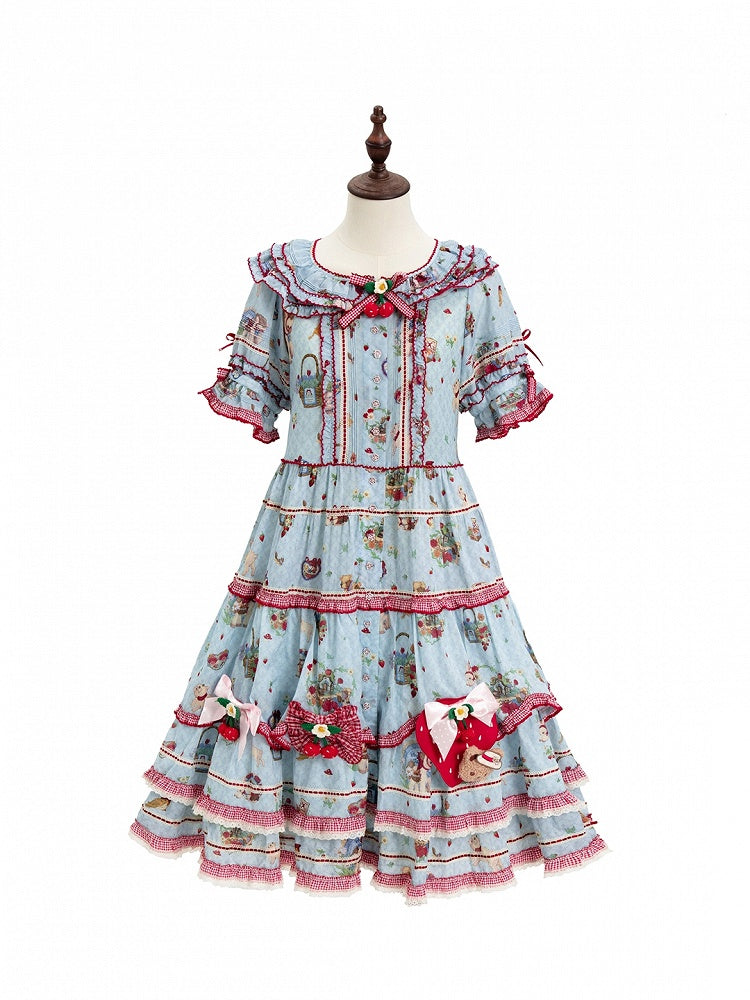 Blue Red Short Sleeve Ruffles Cottagecore Lolita OP Dress - DrunkCoco | CoyBunny
