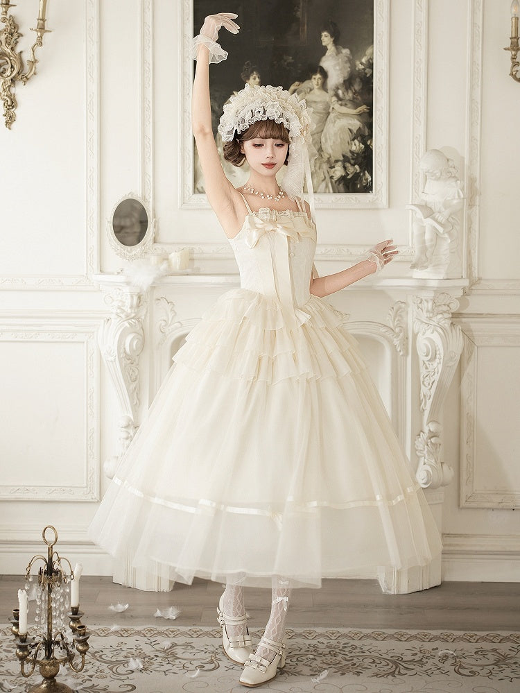 Creamy Boned Waist Elegant Lolita Long JSK Dress + Necklace + Hairband + Floral Hairclip - With PUJI | CoyBunny