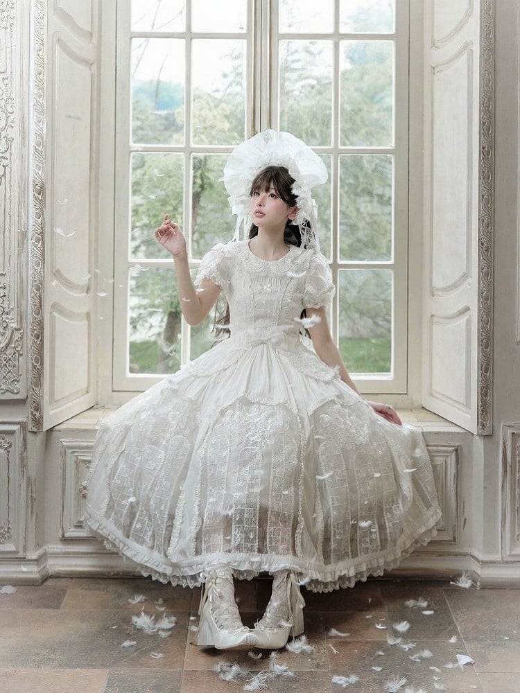 Classic Ivory Puff-Sleeve OP Gown with Sash & Lace Accents - Sleepless Unanswered | CoyBunny