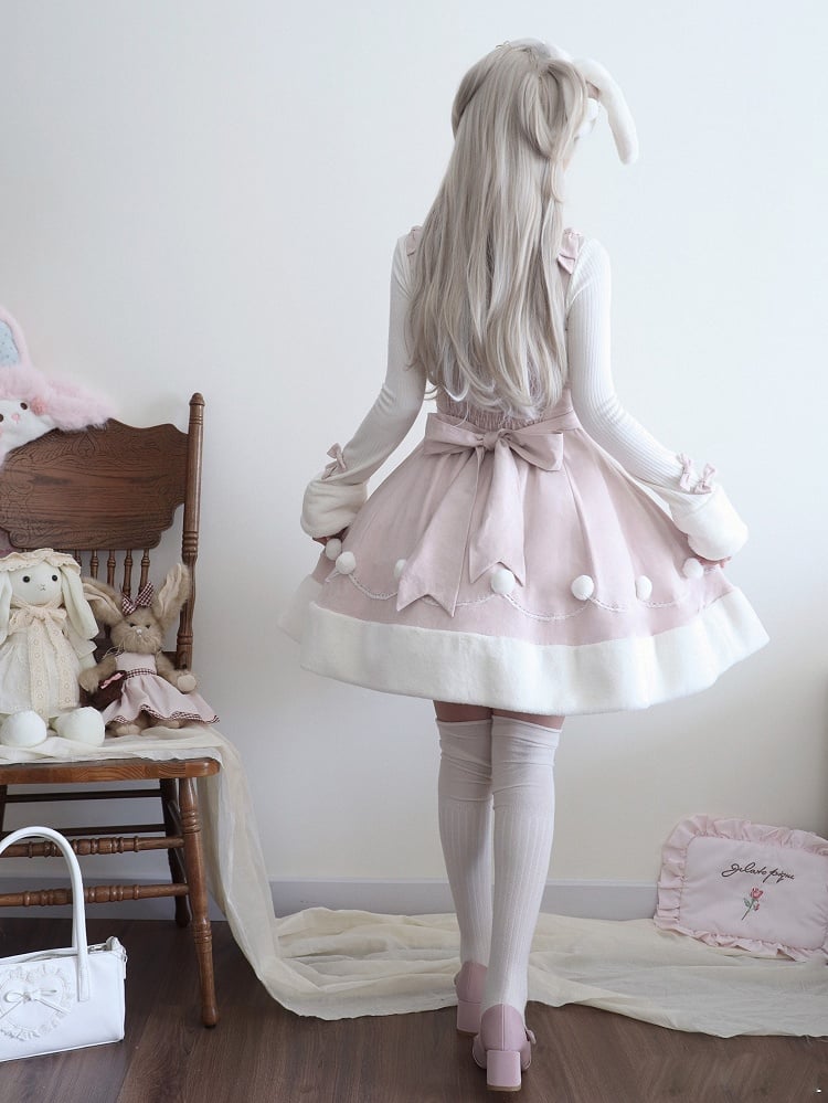 Pink Winter Sweet Bunny Theme Christmas Lolita Dress Plush Neckline and Hemline | CoyBunny