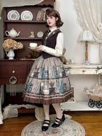 Gray Brown Coffee Cup Bookshelf Print Elegant Skirt Ruffled Hem - Dream Whale | CoyBunny