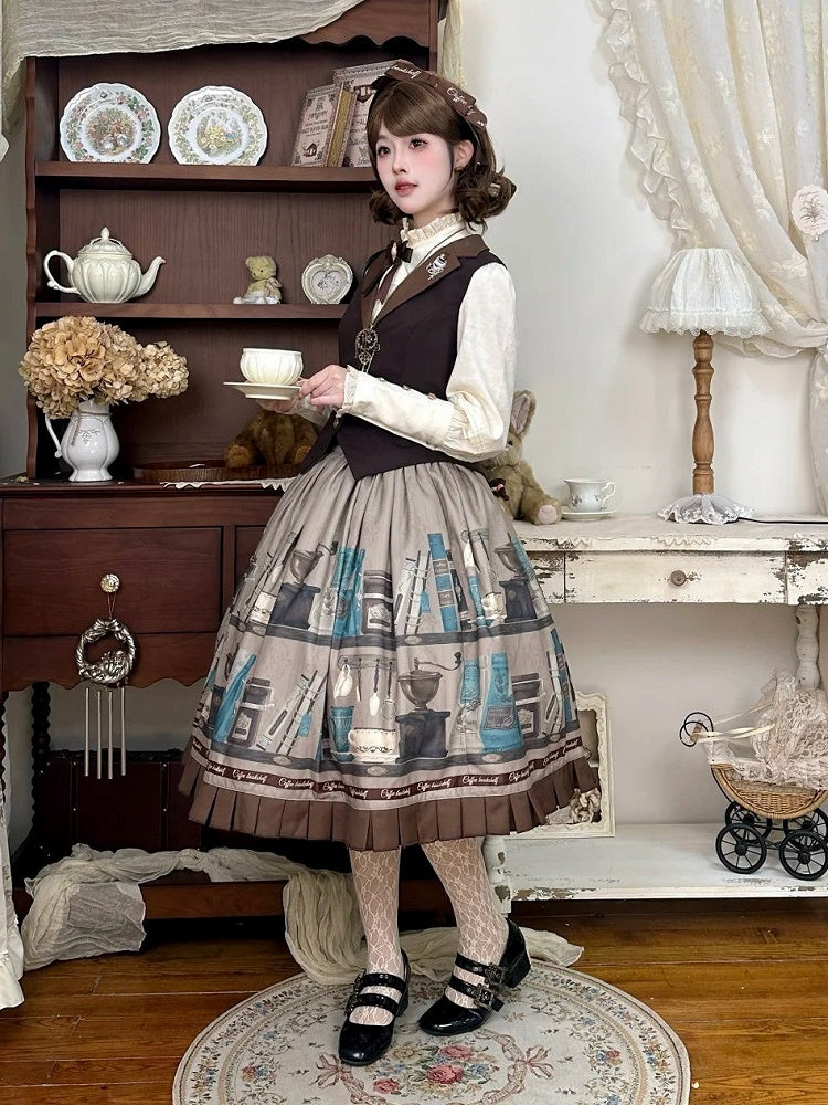 Gray Brown Coffee Cup Bookshelf Print Elegant Skirt Ruffled Hem - Dream Whale | CoyBunny