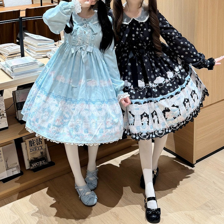 Peter Pan Collar Sweet Lolita Black Long Sleeves Dress with Bunny and Snowflake Print | CoyBunny
