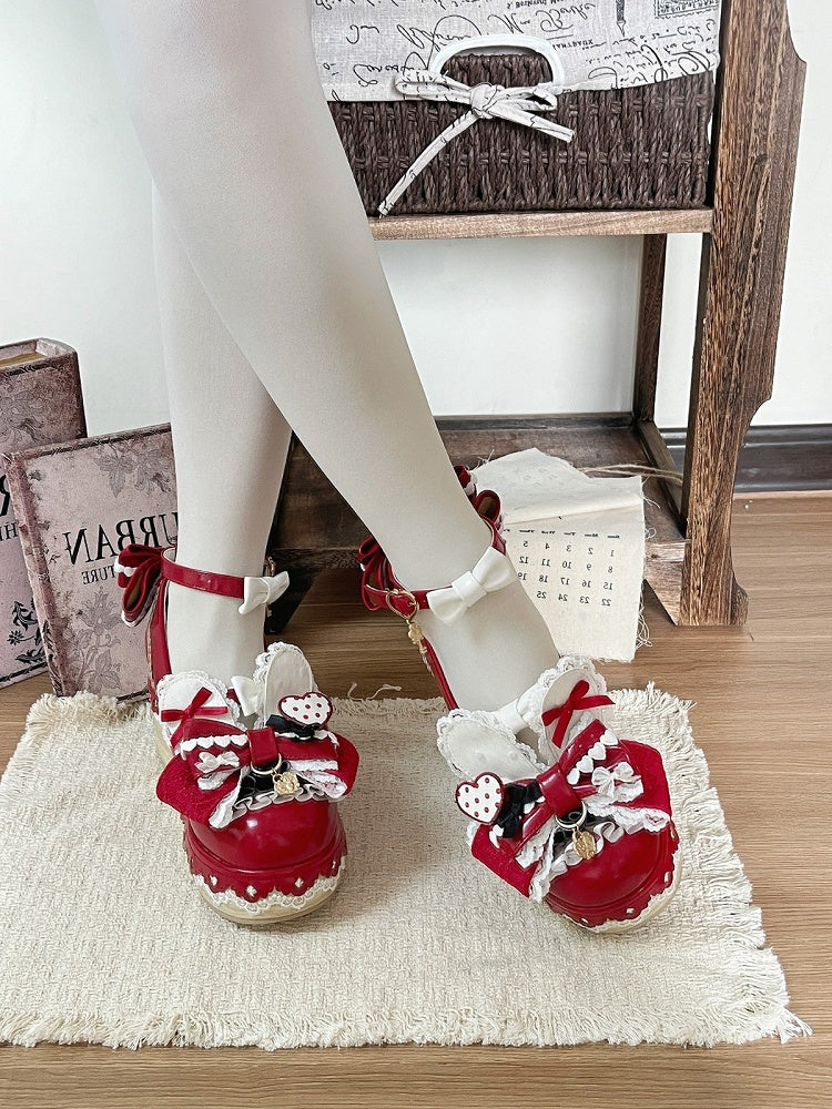 Wine Red Lace Bowknot Platform Shoes with Rabbit Ears - Cheese Mango | CoyBunny