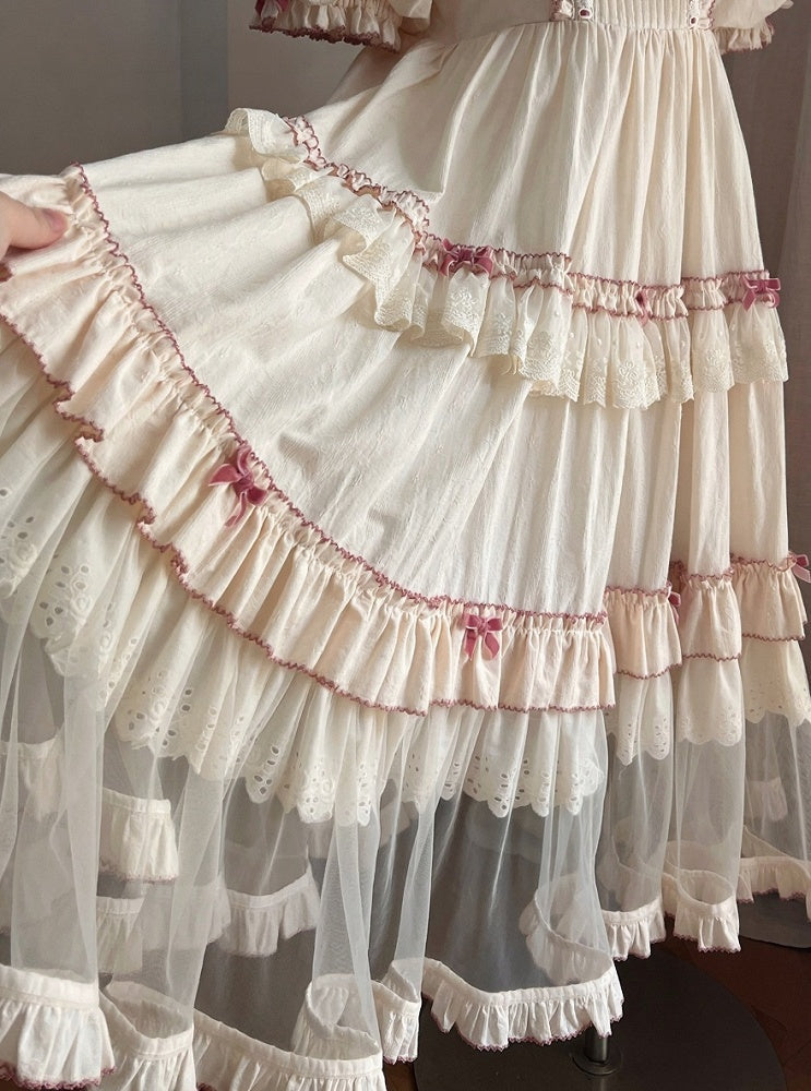 Cream Layered Ruffle High Waist Sweet Lolita Dress with Tulle Hem - Bodhi Original Design | CoyBunny