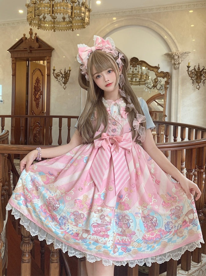 Ears Bow Pink Big Neckline JSK Sweet Lolita Dress Adorable Mouse Print Mouse Design - To Alice | CoyBunny
