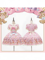 Bear Cake Theme Sweet Lolita OP Dress with Floral Print Skirt & Lace Trim - Mewroco | CoyBunny