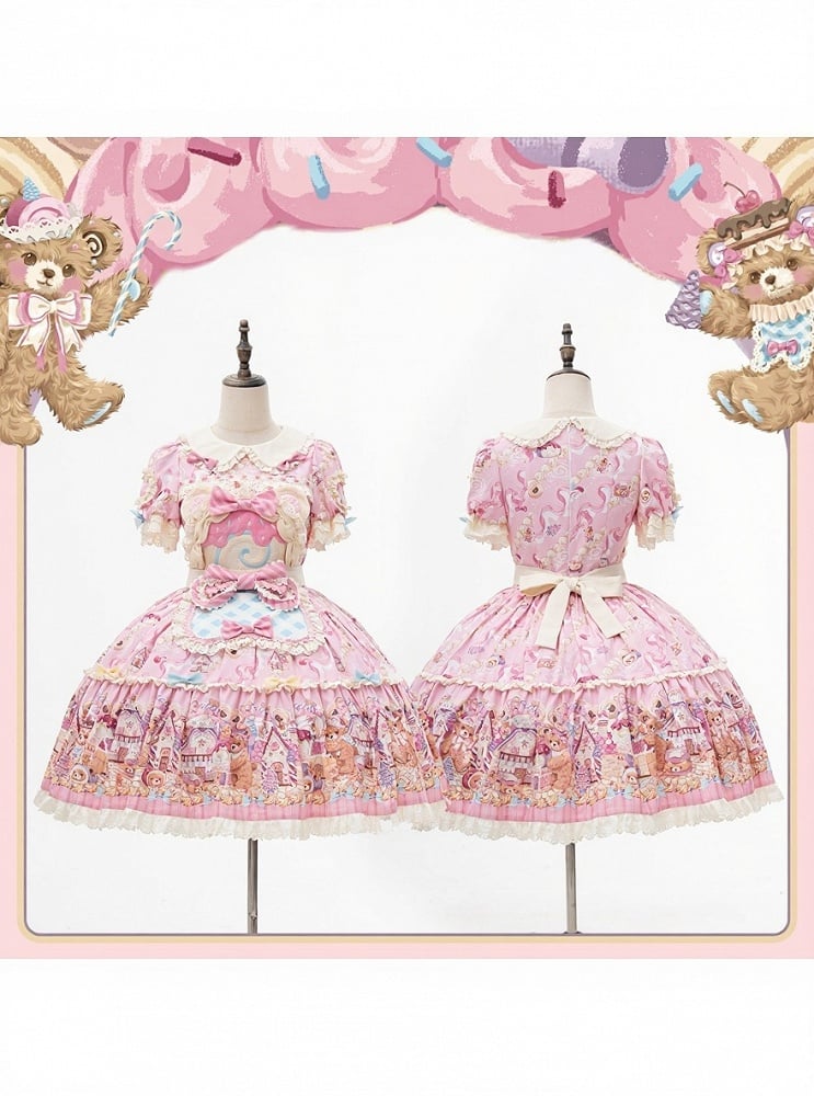 Bear Cake Theme Sweet Lolita OP Dress with Floral Print Skirt & Lace Trim - Mewroco | CoyBunny