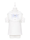 White & Light Blue Cutout Shoulder Bunny Ear Hooded Jacquard Knit Top with Lace and Bow Details - Puppet Bombs | CoyBunny