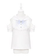 White & Light Blue Cutout Shoulder Bunny Ear Hooded Jacquard Knit Top with Lace and Bow Details - Puppet Bombs | CoyBunny