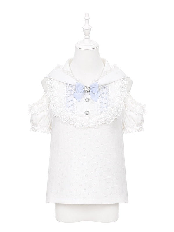 White & Light Blue Cutout Shoulder Bunny Ear Hooded Jacquard Knit Top with Lace and Bow Details - Puppet Bombs | CoyBunny