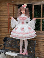 White and Pink Bowknot Details Tiered Skirt Sweet Lolita Dress Jumper Skirt | CoyBunny