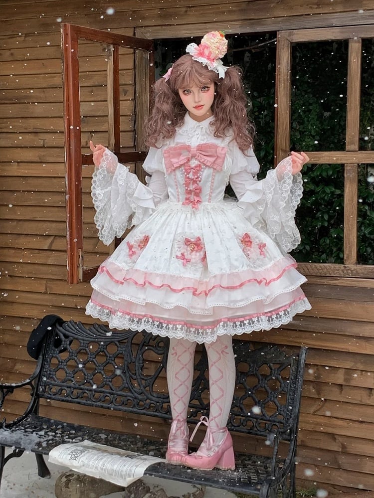White and Pink Bowknot Details Tiered Skirt Sweet Lolita Dress Jumper Skirt | CoyBunny