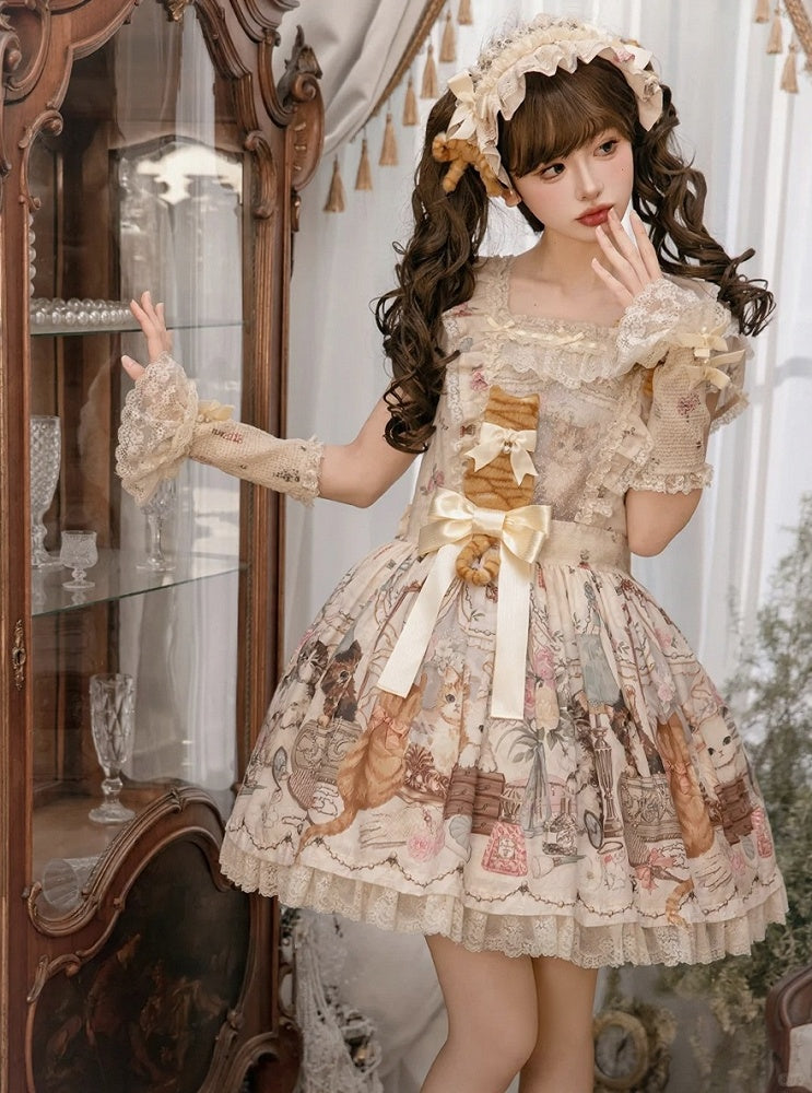 Beige Cat Print Square Neckline Sweet Lolita JSK Dress with Plush Cat Patch - NyaNya | CoyBunny