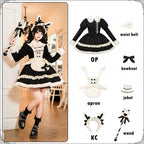 Black Long-Sleeve Plush Collar and Cuffs Sweet Lolita OP Full Set | CoyBunny