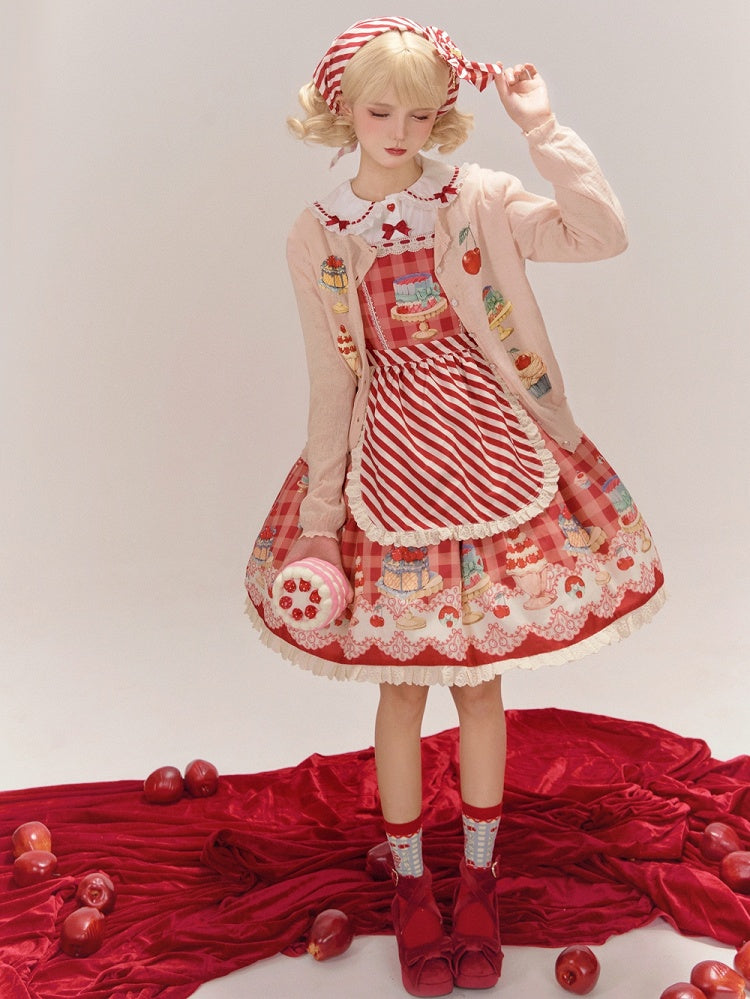 Red Gingham Print Cherry and Dessert Sweet Lolita Jumper Skirt | CoyBunny