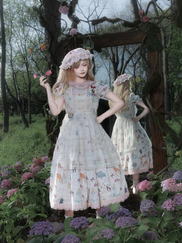 Rose Alice in Wonderland Print Round Neck Sweet Gown with Drawstring Waist - Forest Fairy Tales | CoyBunny