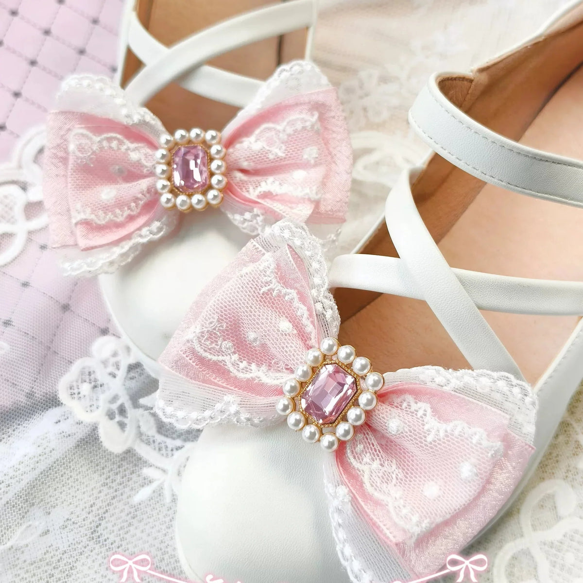 Handmade Heart Bow Shoe Clips with Lace & Pearl - Lolita Accessories | CoyBunny