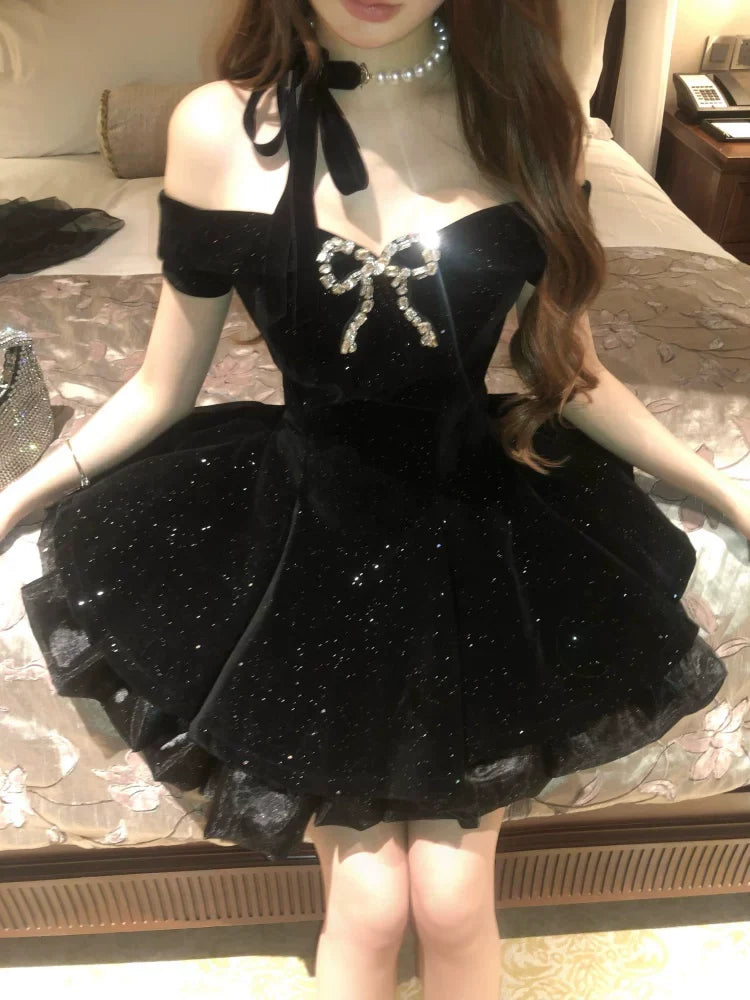 Black Swan Velvet Princess Dress - Bow Waist Ball Gown (S-XL) | CoyBunny