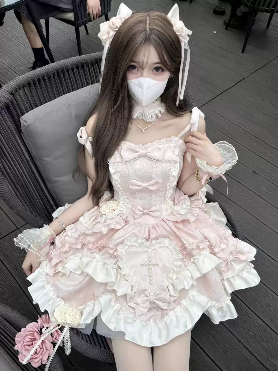 Sweet Pink Halter Gothic Lolita JSK Dress with Bow Train