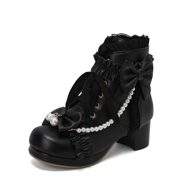28-43 Sweet Martin Bow Pearl Lolita Boots | CoyBunny