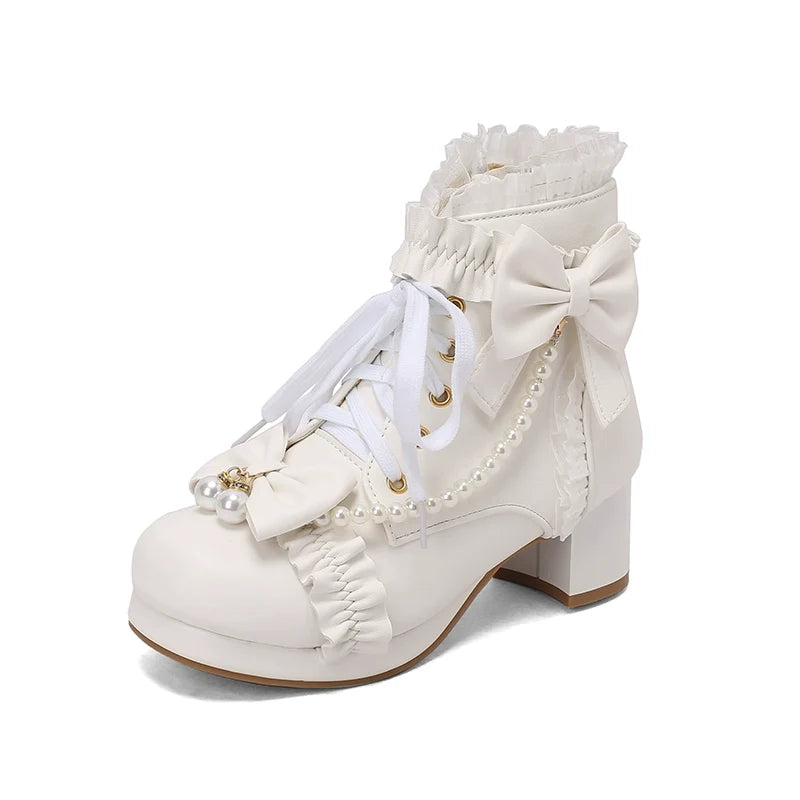 28-43 Sweet Martin Bow Pearl Lolita Boots | CoyBunny