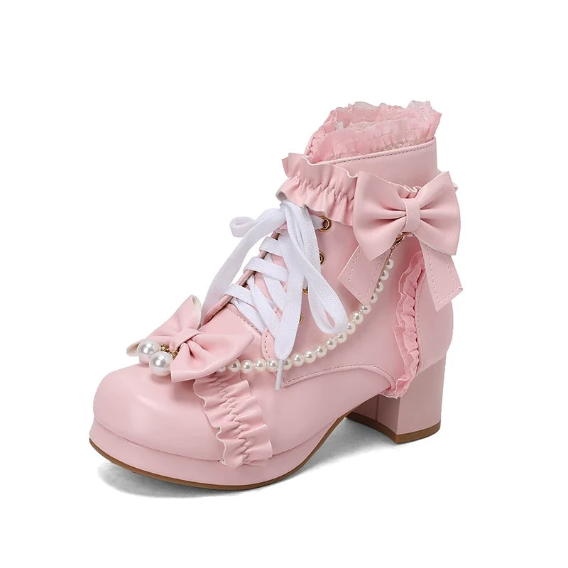 28-43 Sweet Martin Bow Pearl Lolita Boots | CoyBunny