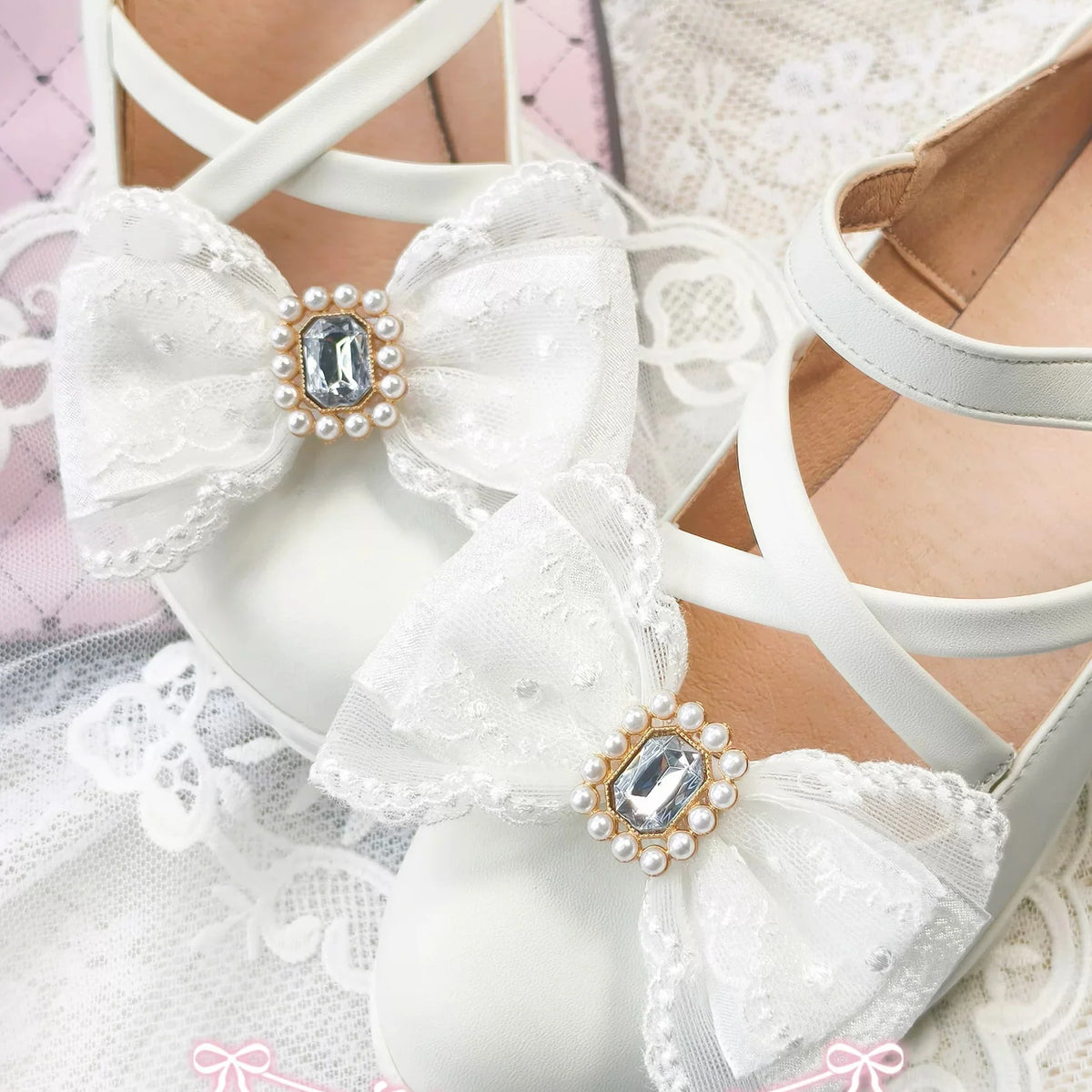 Handmade Heart Bow Shoe Clips with Lace & Pearl - Lolita Accessories | CoyBunny