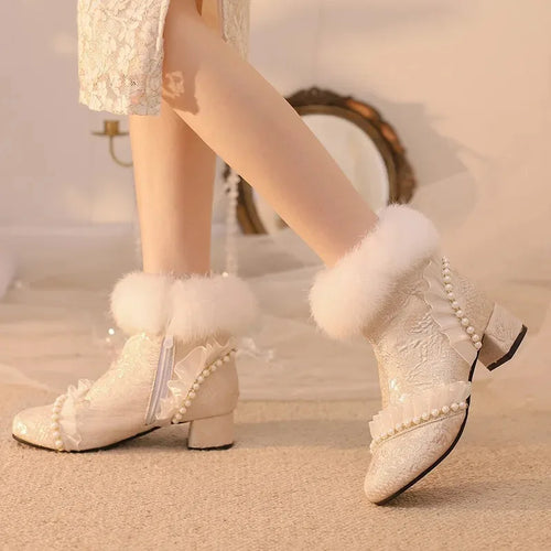 33-43 Elegant Cheongsam Beaded Rabbit Ankle Booties | CoyBunny