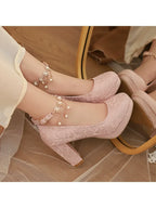 34-46 Elegant Cheongsam Round Toe Pearl One-piece High Heels | CoyBunny
