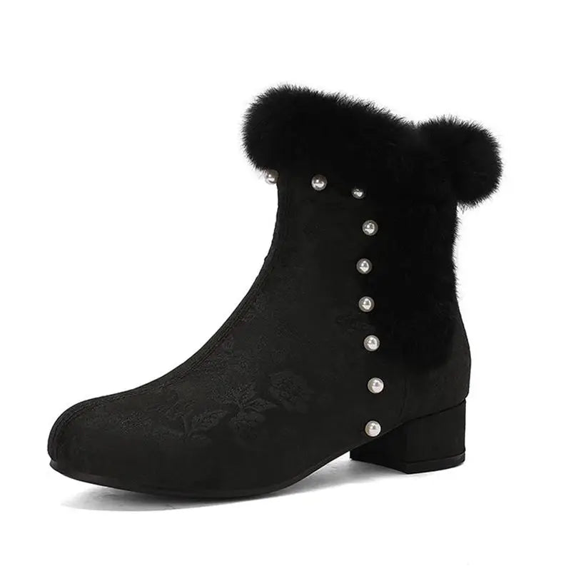 31-43 Zipper Flower Beads Rabbit Fur Round Toe Block Heels | CoyBunny