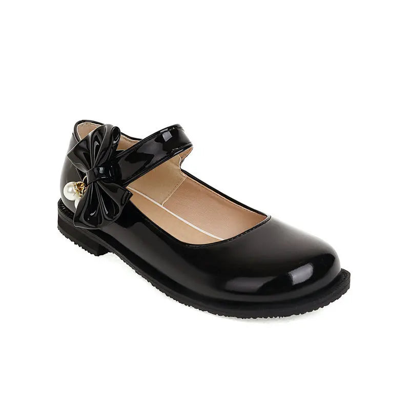 30-44 Sweet Pearl Bow Flat Heel Black Lolita Mary Jane Shoes | CoyBunny