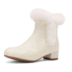 31-43 Zipper Flower Beads Rabbit Fur Round Toe Block Heels | CoyBunny