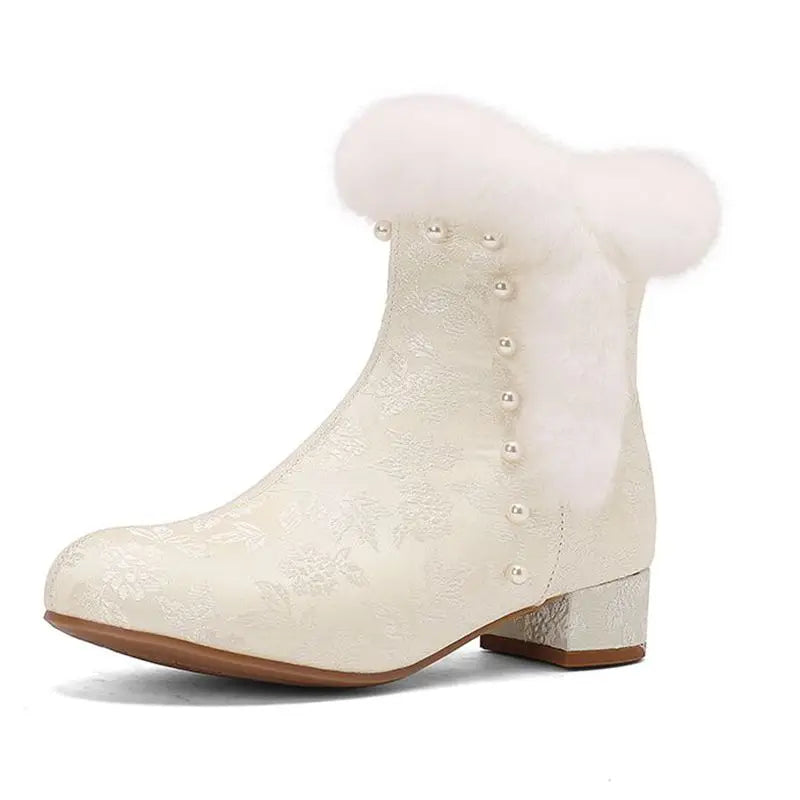 31-43 Zipper Flower Beads Rabbit Fur Round Toe Block Heels | CoyBunny