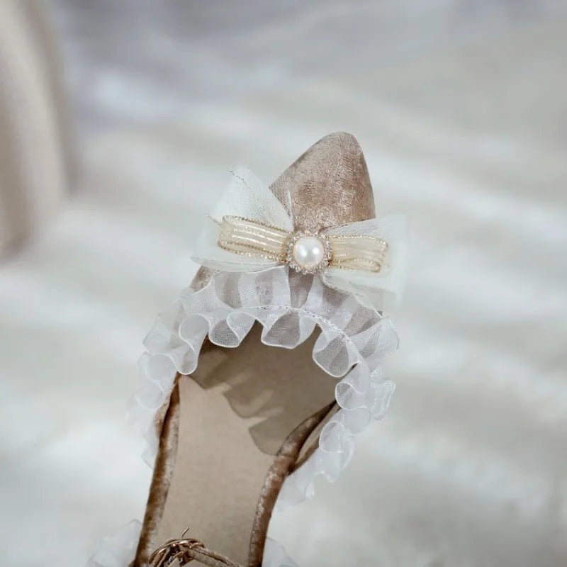 35-45 Red Metal Rhinestone Pearl Sandals Velvet Lolita Princess Shoes | CoyBunny