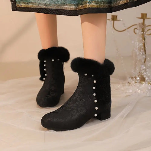 31-43 Zipper Flower Beads Rabbit Fur Round Toe Block Heels | CoyBunny