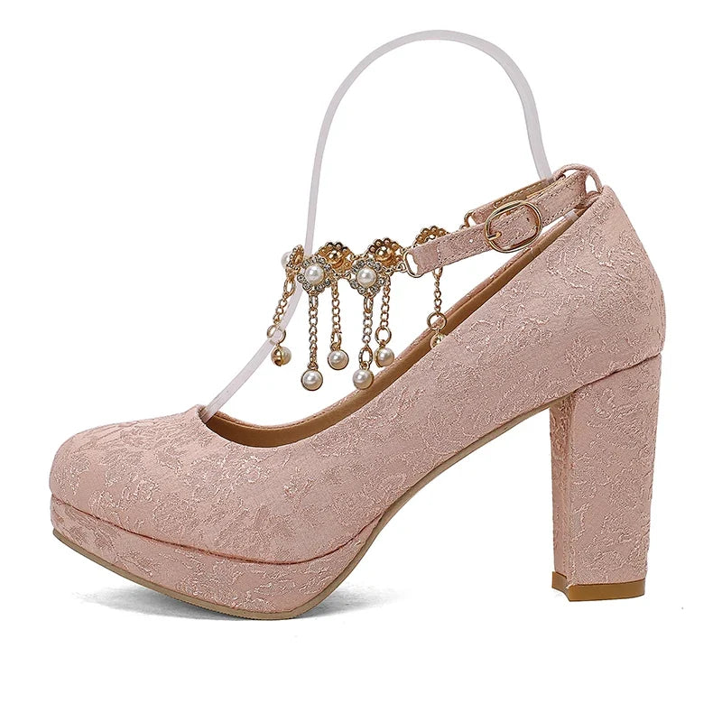 34-46 Elegant Cheongsam Round Toe Pearl One-piece High Heels | CoyBunny