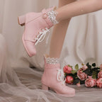 32-48 Lace Up Square Platform Ankle Boots Bow Ruffles Lolita Shoes | CoyBunny