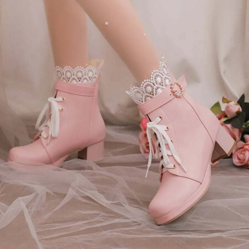 32-48 Lace Up Square Platform Ankle Boots Bow Ruffles Lolita Shoes | CoyBunny