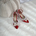 35-45 Red Metal Rhinestone Pearl Sandals Velvet Lolita Princess Shoes | CoyBunny